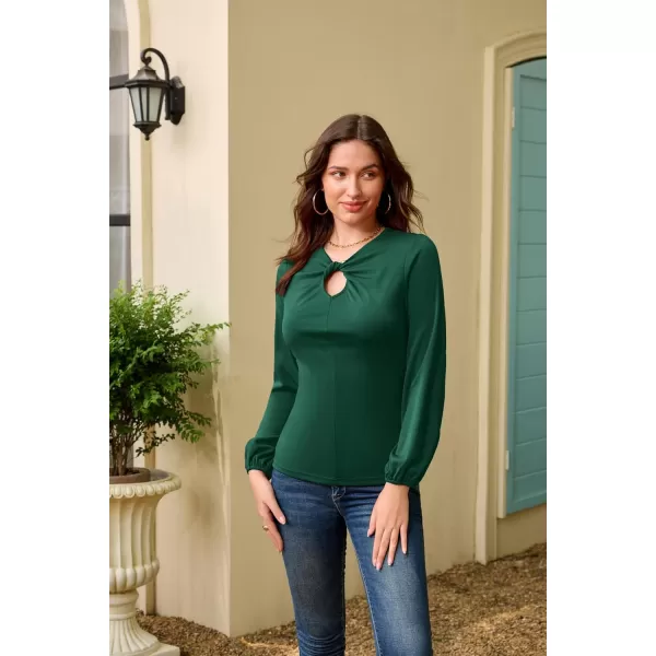 GRACE KARIN Womens Casual Long Sleeve Front Twist Knot Blouse Cutout Keyhole V Neck Solid Fall Tee Shirts Tunic TopsBlackish Green