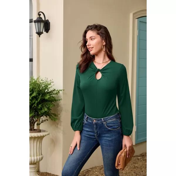 GRACE KARIN Womens Casual Long Sleeve Front Twist Knot Blouse Cutout Keyhole V Neck Solid Fall Tee Shirts Tunic TopsBlackish Green