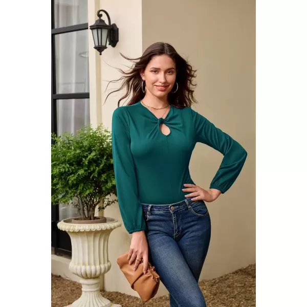 GRACE KARIN Womens Casual Long Sleeve Front Twist Knot Blouse Cutout Keyhole V Neck Solid Fall Tee Shirts Tunic TopsPeacock Blue