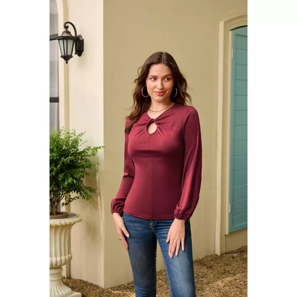 GRACE KARIN Womens Casual Long Sleeve Front Twist Knot Blouse Cutout Keyhole V Neck Solid Fall Tee Shirts Tunic TopsWine