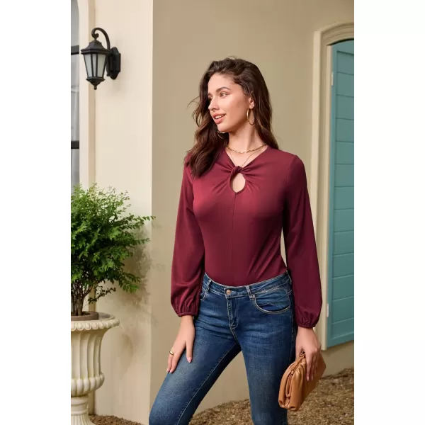 GRACE KARIN Womens Casual Long Sleeve Front Twist Knot Blouse Cutout Keyhole V Neck Solid Fall Tee Shirts Tunic TopsWine