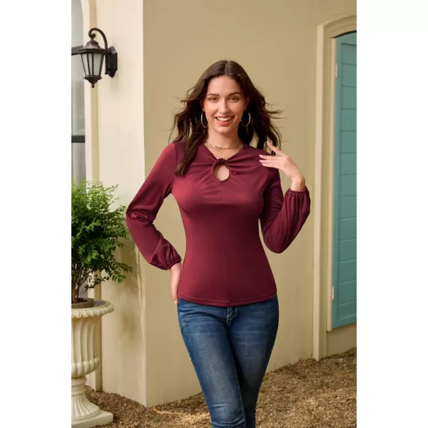 GRACE KARIN Womens Casual Long Sleeve Front Twist Knot Blouse Cutout Keyhole V Neck Solid Fall Tee Shirts Tunic TopsWine