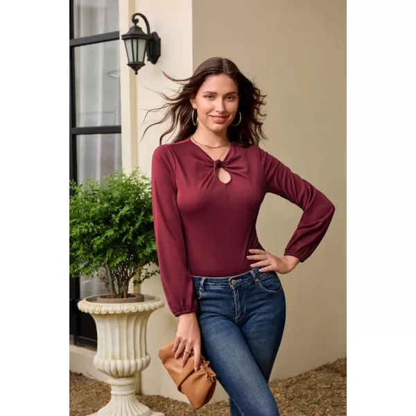 GRACE KARIN Womens Casual Long Sleeve Front Twist Knot Blouse Cutout Keyhole V Neck Solid Fall Tee Shirts Tunic TopsWine