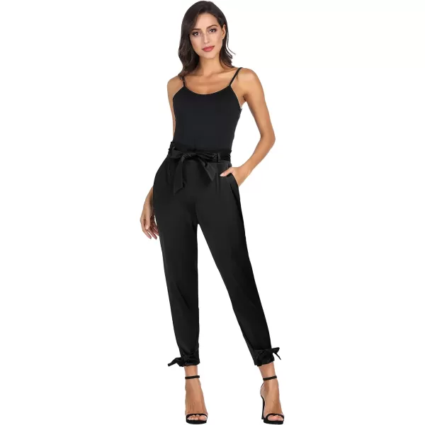 GRACE KARIN Womens Casual Pants Satin High Waist Cropped Pencil Pants with Bow Knot PocketsBlack