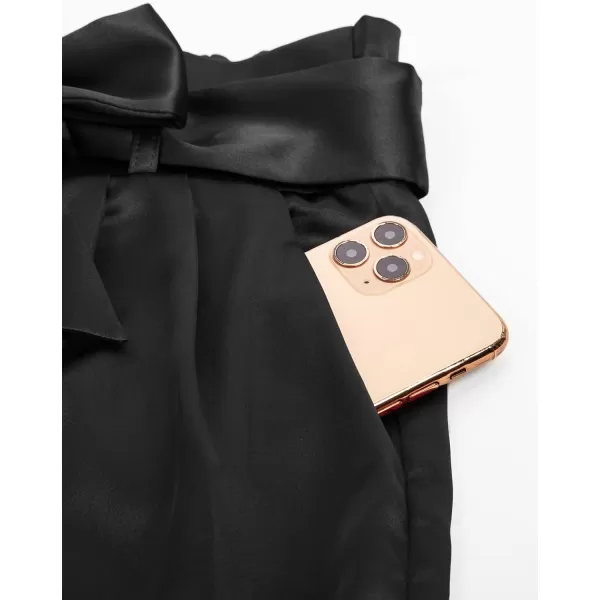 GRACE KARIN Womens Casual Pants Satin High Waist Cropped Pencil Pants with Bow Knot PocketsBlack