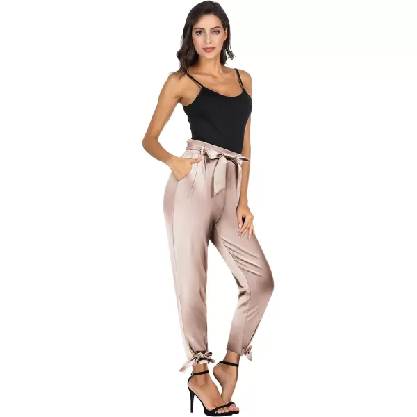 GRACE KARIN Womens Casual Pants Satin High Waist Cropped Pencil Pants with Bow Knot PocketsLight Pink