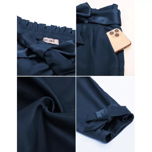 GRACE KARIN Womens Casual Pants Satin High Waist Cropped Pencil Pants with Bow Knot PocketsNavy