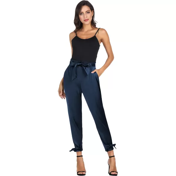 GRACE KARIN Womens Casual Pants Satin High Waist Cropped Pencil Pants with Bow Knot PocketsNavy