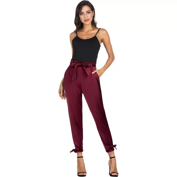 GRACE KARIN Womens Casual Pants Satin High Waist Cropped Pencil Pants with Bow Knot PocketsWine