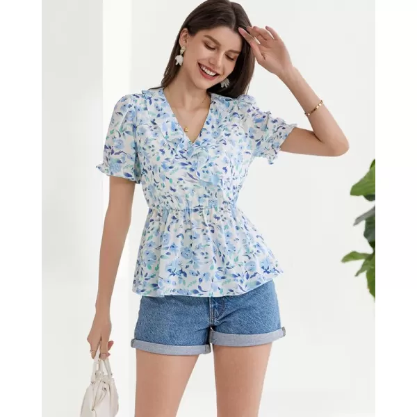 GRACE KARIN Womens Casual Tops Dressy Chiffon Ruffled Short Sleeve Peplum Blouses Summer Floral V Neck Flowy ShirtsBlue