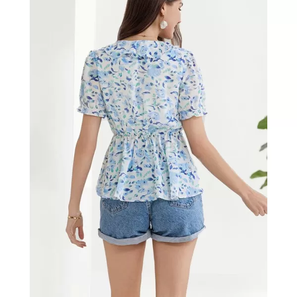 GRACE KARIN Womens Casual Tops Dressy Chiffon Ruffled Short Sleeve Peplum Blouses Summer Floral V Neck Flowy ShirtsBlue