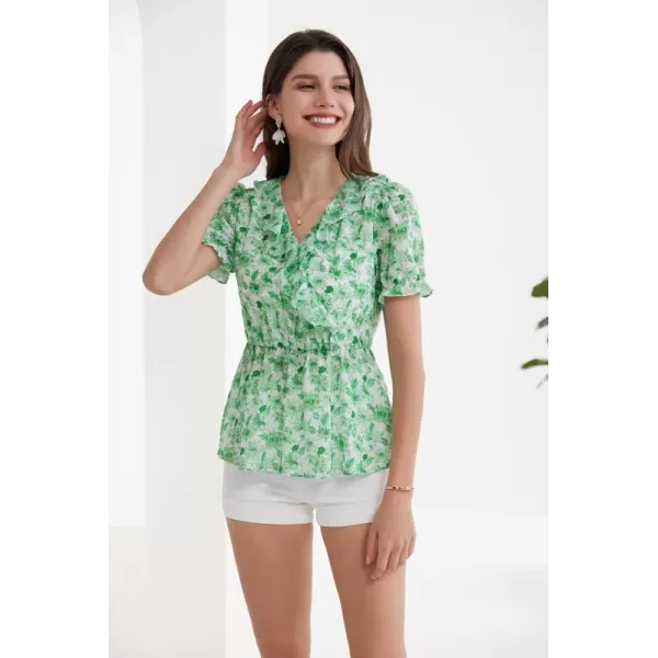 GRACE KARIN Womens Casual Tops Dressy Chiffon Ruffled Short Sleeve Peplum Blouses Summer Floral V Neck Flowy ShirtsGreen