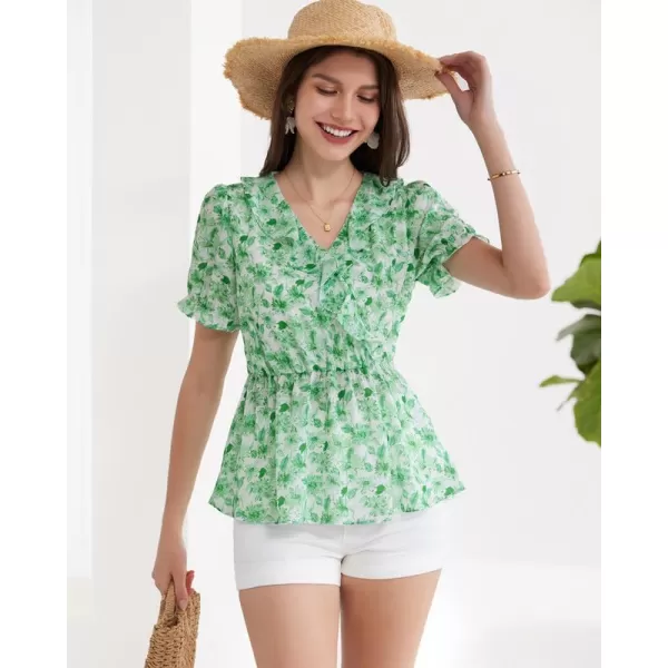 GRACE KARIN Womens Casual Tops Dressy Chiffon Ruffled Short Sleeve Peplum Blouses Summer Floral V Neck Flowy ShirtsGreen