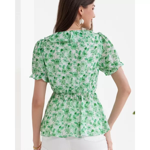 GRACE KARIN Womens Casual Tops Dressy Chiffon Ruffled Short Sleeve Peplum Blouses Summer Floral V Neck Flowy ShirtsGreen