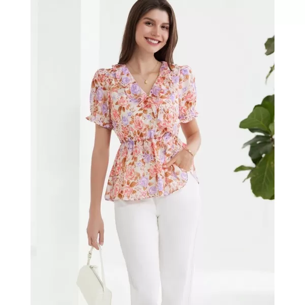 GRACE KARIN Womens Casual Tops Dressy Chiffon Ruffled Short Sleeve Peplum Blouses Summer Floral V Neck Flowy ShirtsPink