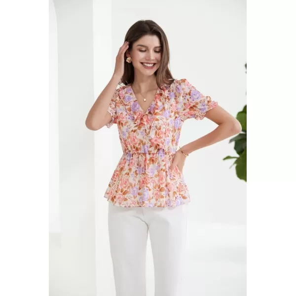 GRACE KARIN Womens Casual Tops Dressy Chiffon Ruffled Short Sleeve Peplum Blouses Summer Floral V Neck Flowy ShirtsPink