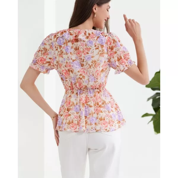 GRACE KARIN Womens Casual Tops Dressy Chiffon Ruffled Short Sleeve Peplum Blouses Summer Floral V Neck Flowy ShirtsPink