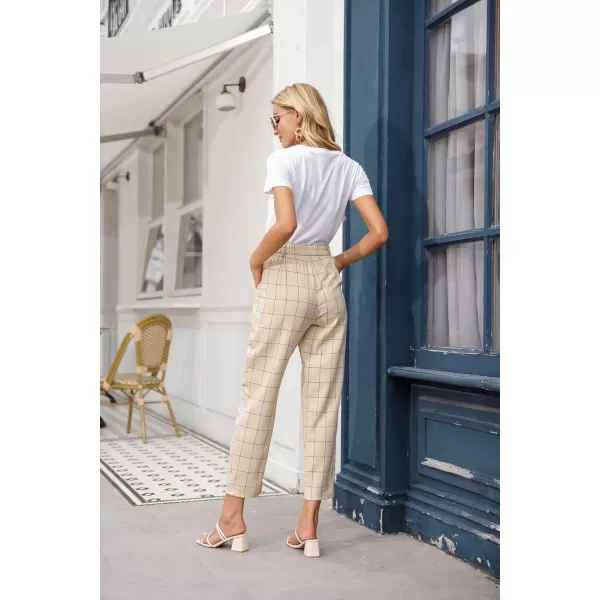 GRACE KARIN Womens Casual Work Pants with Pockets Elastic Waist Plaid PantsApricotplaid