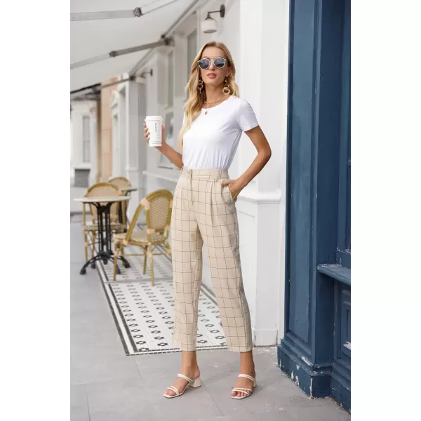 GRACE KARIN Womens Casual Work Pants with Pockets Elastic Waist Plaid PantsApricotplaid