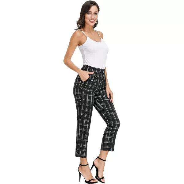 GRACE KARIN Womens Casual Work Pants with Pockets Elastic Waist Plaid PantsBlackplaid