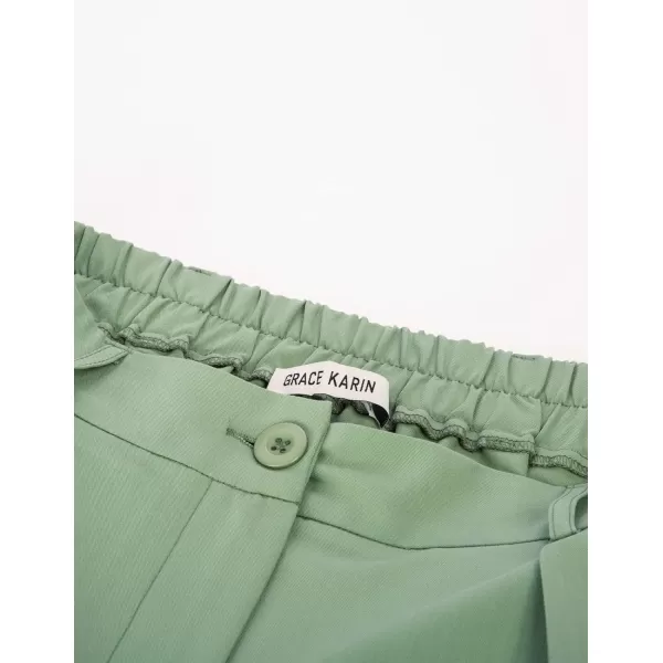 GRACE KARIN Womens Casual Work Pants with Pockets Elastic Waist Plaid PantsLight Green