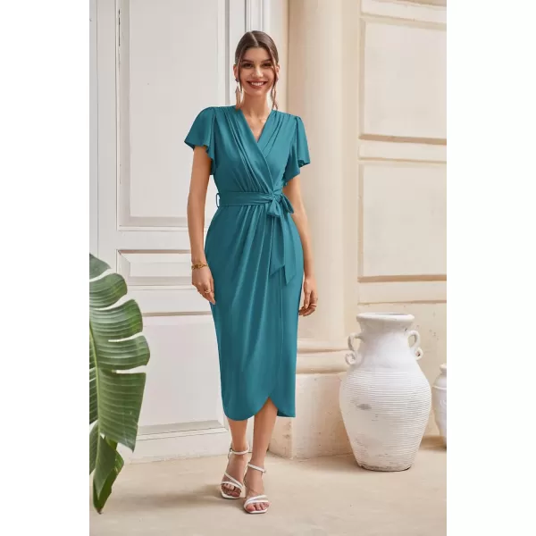 GRACE KARIN Womens Cocktail Dresses Ruffle Sleeve V Neck Wrap Dress Wedding Party Maxi Long Dress with BeltBlue Green