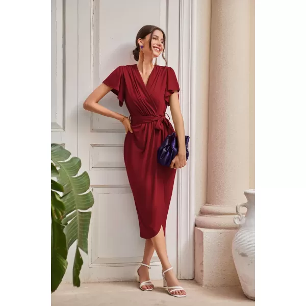 GRACE KARIN Womens Cocktail Dresses Ruffle Sleeve V Neck Wrap Dress Wedding Party Maxi Long Dress with BeltWine Red