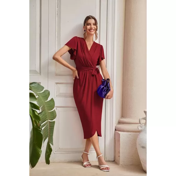 GRACE KARIN Womens Cocktail Dresses Ruffle Sleeve V Neck Wrap Dress Wedding Party Maxi Long Dress with BeltWine Red