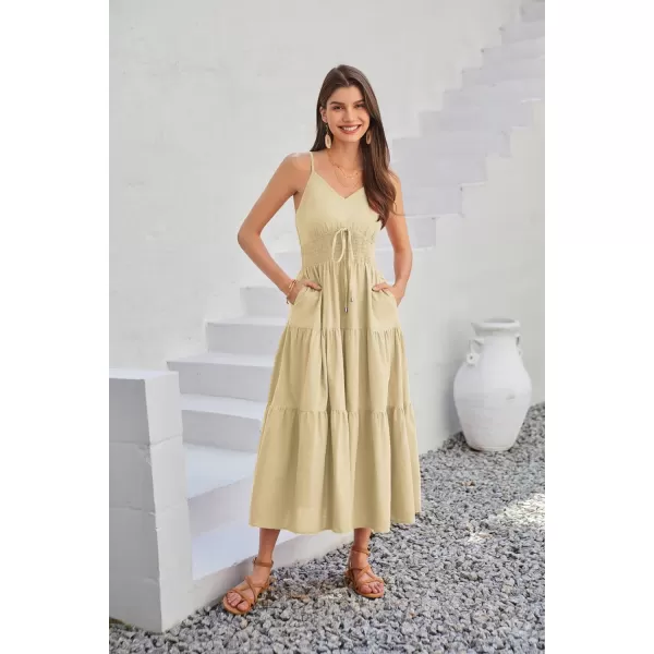 GRACE KARIN Womens Cotton Dresses Summer 2024 Spaghetti Strap V Neck Ruffle Tiered Flowy DressesKhaki