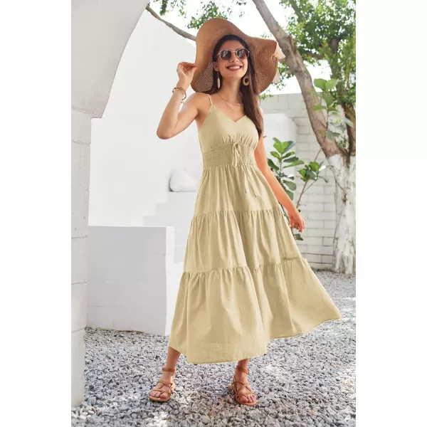 GRACE KARIN Womens Cotton Dresses Summer 2024 Spaghetti Strap V Neck Ruffle Tiered Flowy DressesKhaki