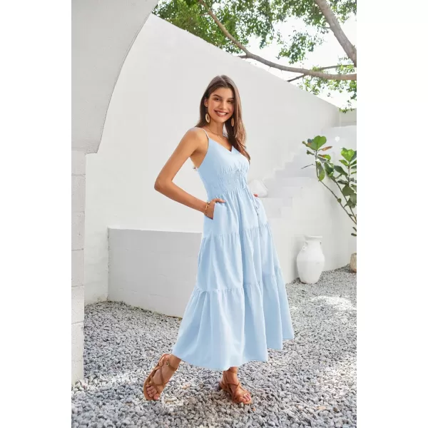 GRACE KARIN Womens Cotton Dresses Summer 2024 Spaghetti Strap V Neck Ruffle Tiered Flowy DressesLight Blue