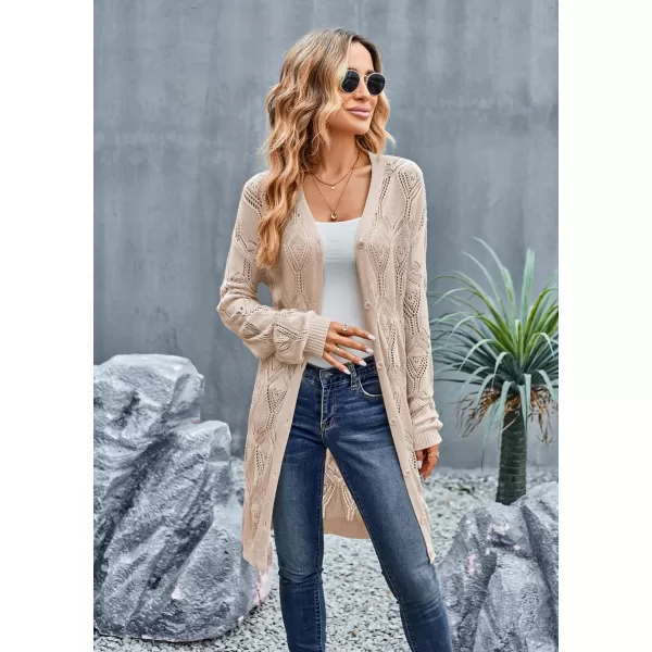 GRACE KARIN Womens Crochet Cardigan Summer Lightweight Sweater Long Sleeve Open Front Kimono Boho Beach Cover UpKhaki