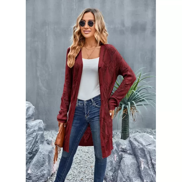 GRACE KARIN Womens Crochet Cardigan Summer Lightweight Sweater Long Sleeve Open Front Kimono Boho Beach Cover UpWine