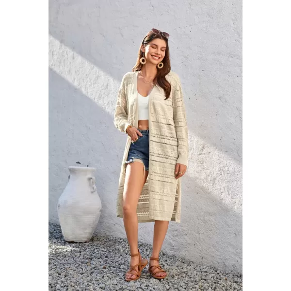 GRACE KARIN Womens Crochet Long Cardigan Lightweight Open Front Knit Kimonos Long Sleeve Beach Casual Cover UpApricot