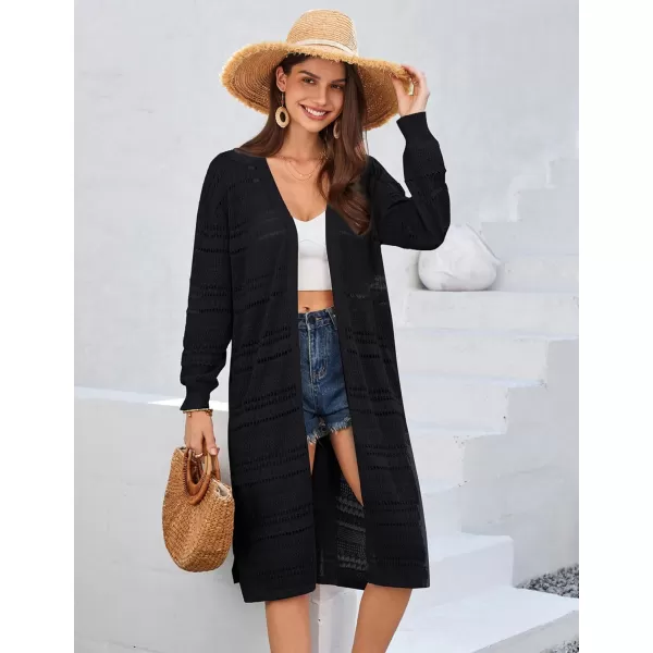 GRACE KARIN Womens Crochet Long Cardigan Lightweight Open Front Knit Kimonos Long Sleeve Beach Casual Cover UpBlack