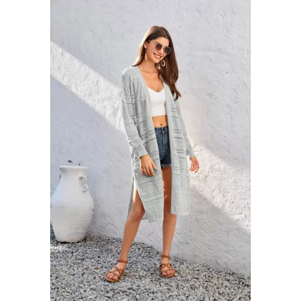 GRACE KARIN Womens Crochet Long Cardigan Lightweight Open Front Knit Kimonos Long Sleeve Beach Casual Cover UpGray