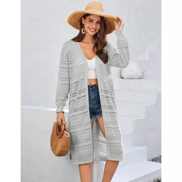 GRACE KARIN Womens Crochet Long Cardigan Lightweight Open Front Knit Kimonos Long Sleeve Beach Casual Cover UpGray