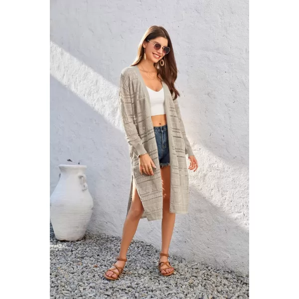 GRACE KARIN Womens Crochet Long Cardigan Lightweight Open Front Knit Kimonos Long Sleeve Beach Casual Cover UpKhaki