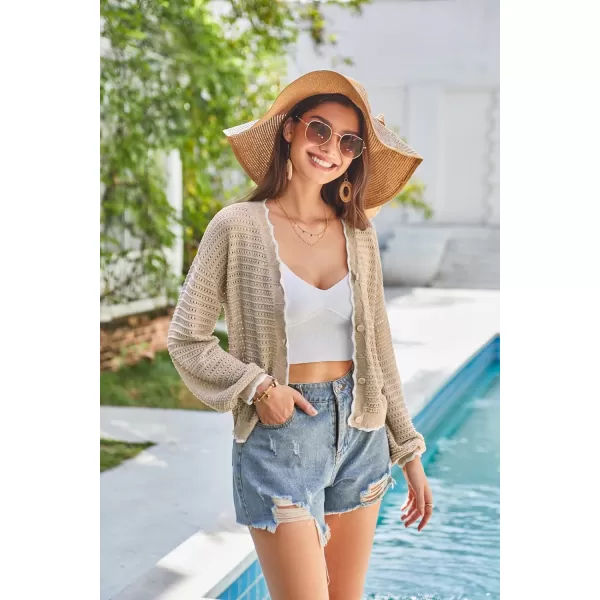 GRACE KARIN Womens Cropped Cardigan 2024 Crochet Knit Casual Lightweight Summer Cardigan V Neck HollowOut Bolero Shrug TopsBeige