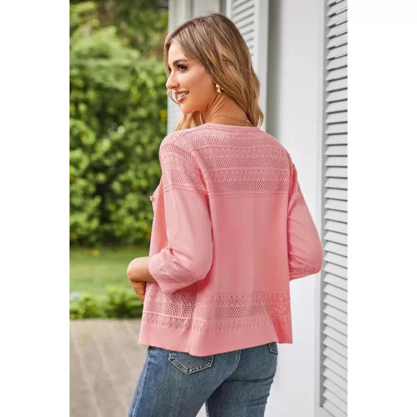 GRACE KARIN Womens Cropped Cardigan 34 Sleeve Lightweight Crochet Shrug HollowedOut Knit Sweater TopsPink