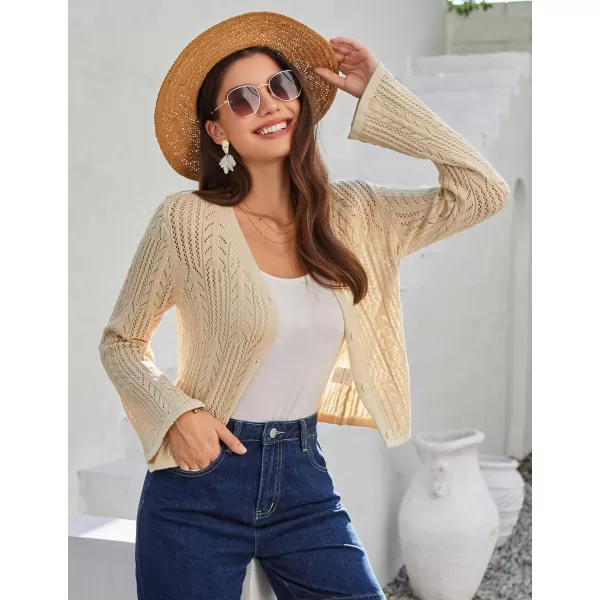 GRACE KARIN Womens Cropped Cardigan Lightweight Crochet Open Front Shrug Sweater Hollow Out V Neck Button Up Bolero Knit TopApricot