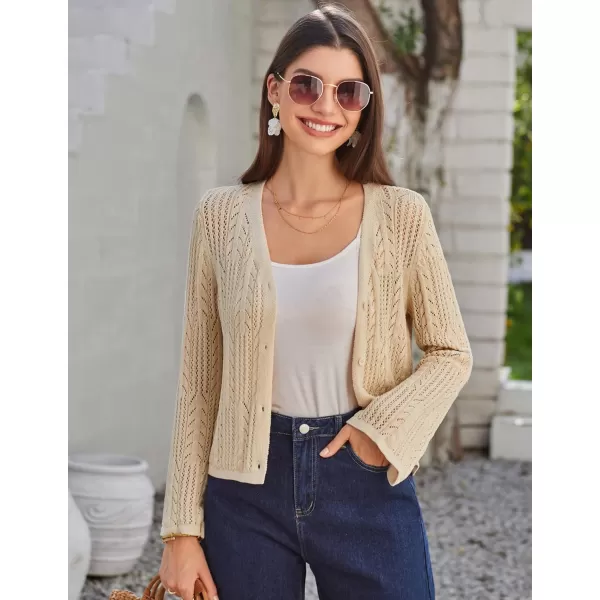 GRACE KARIN Womens Cropped Cardigan Lightweight Crochet Open Front Shrug Sweater Hollow Out V Neck Button Up Bolero Knit TopApricot