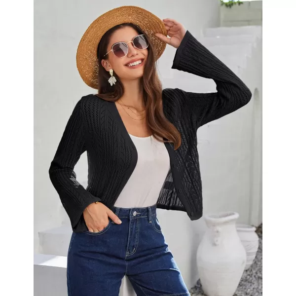 GRACE KARIN Womens Cropped Cardigan Lightweight Crochet Open Front Shrug Sweater Hollow Out V Neck Button Up Bolero Knit TopBlack