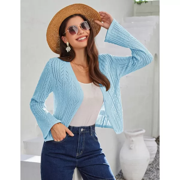 GRACE KARIN Womens Cropped Cardigan Lightweight Crochet Open Front Shrug Sweater Hollow Out V Neck Button Up Bolero Knit TopLight Blue