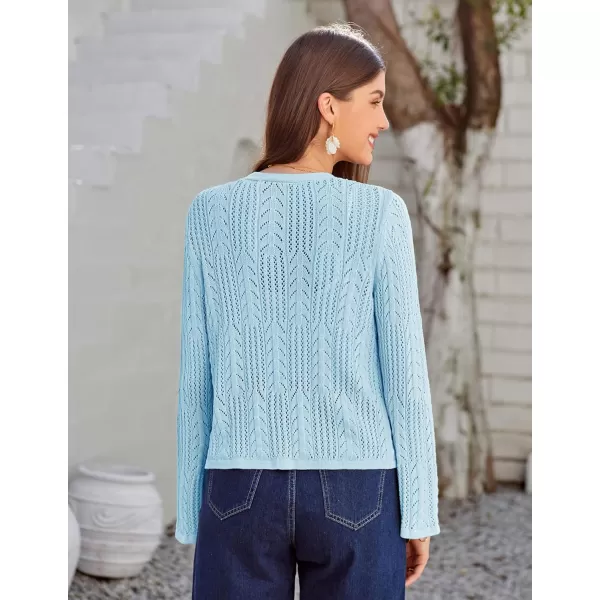 GRACE KARIN Womens Cropped Cardigan Lightweight Crochet Open Front Shrug Sweater Hollow Out V Neck Button Up Bolero Knit TopLight Blue