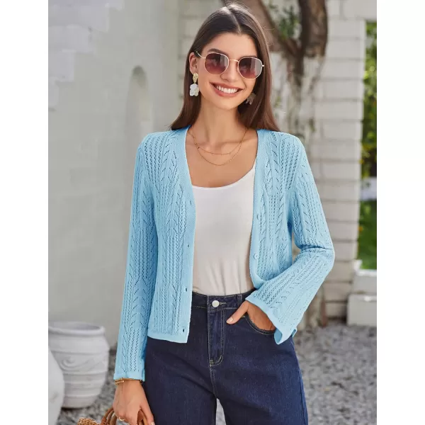 GRACE KARIN Womens Cropped Cardigan Lightweight Crochet Open Front Shrug Sweater Hollow Out V Neck Button Up Bolero Knit TopLight Blue