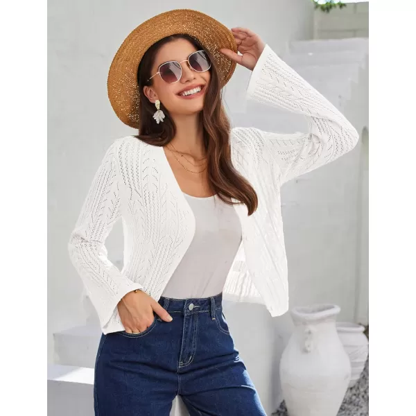 GRACE KARIN Womens Cropped Cardigan Lightweight Crochet Open Front Shrug Sweater Hollow Out V Neck Button Up Bolero Knit TopWhite