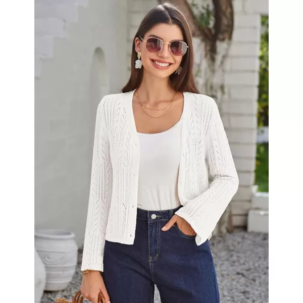 GRACE KARIN Womens Cropped Cardigan Lightweight Crochet Open Front Shrug Sweater Hollow Out V Neck Button Up Bolero Knit TopWhite