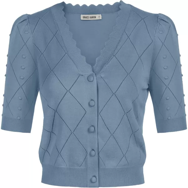 GRACE KARIN Womens Cropped Cardigan Puff Short Sleeve Sweaters Tops VNeck Button KnitwearBlue