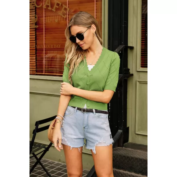 GRACE KARIN Womens Cropped Cardigan Puff Short Sleeve Sweaters Tops VNeck Button KnitwearGreen